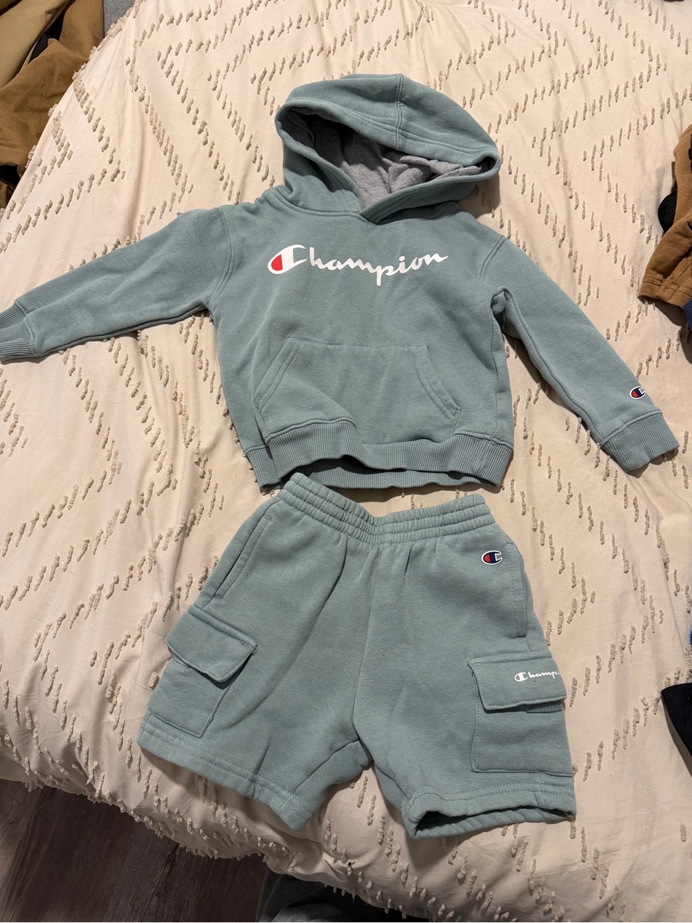 Champion Sage Green Hoodie and Cargo Shorts Set